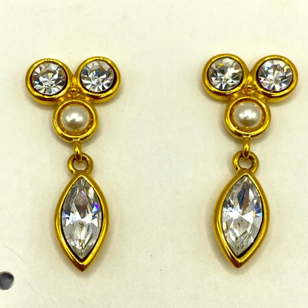 Gold and Crystal Pearl Vintage Drop Earrings